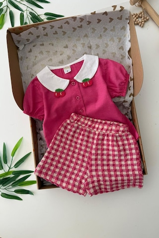 Miniğimin Cicileri Ekose Şortlu Meyve Örgü Desenli Kız Çocuk 2 Li Takım - Pembe Pembe-79412