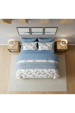 Mystory Home Lastikli Çarşaflı Çift Kişilik Nevresim Takımı Okaliptus Mavi Çok Renkli