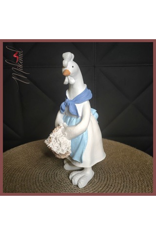 Mavi Eşarplı Ve Sepetli El Yapımı Seramik Tavuk Figürü Çiftlik Ev