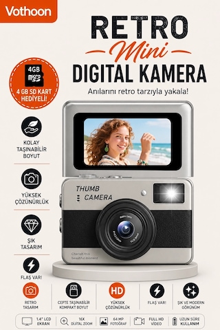Retro Mini Dijital Kamera 1080p 1.47 İnç Flip Ekranlı Flaşlı Selfie Vlog Kamerası 4gb Sd Hediyeli Siyah Najm Belirtilmemiş