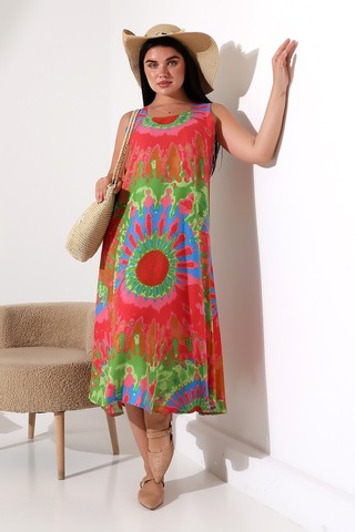 Likapa Yazlık Askılı Viskon Elbise 2691 Pembe Yeşil Batik
