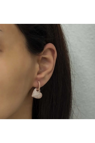 Gümüş Rose Halka Kalp Küpe 14 MM Gümüş