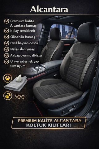 Alcantara Serisi Lüks Üniversal Oto Koltuk Kılıfı - 5 Kotuk Tam Set Siyah
