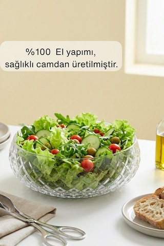 Selen Concept Kafes Model El Yapımı Orta Boy Cam Salata Kasesi 2'li Şeffaf