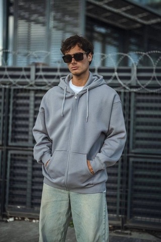 Etiler Collection Oversize Tam Fermuarlı Uzun Kol Hırka - Gri