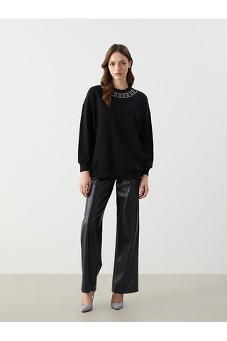 Lcw Modest Siyah Bisiklet Yaka Baskılı Oversize Kadın Sweatshirt