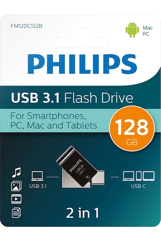 Flash Bellek 128 Gb Mini Usb Ve Type-c 3.1 Philips Gece Siyahı