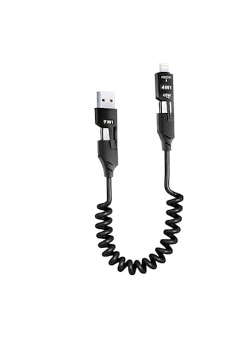 4 Ü 1 Arada 65w Yaylı Hızlı Şarj Kablosu Type-c & Lightning Pd Destekli, Dolaşmaz Spiral Tasarım, 1.5m Uzayabilir, Araç & Ev Uyumlu Şarj Ve Veri Kablosu Siyah