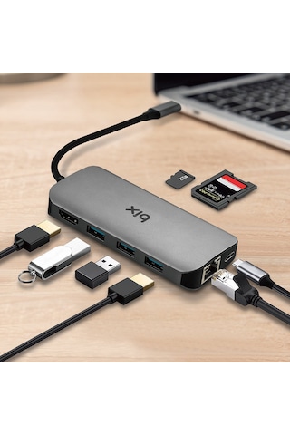 Bix BX10HB 5Gbps Type-C to 4K 30Hz HDMI Ethernet USB 3.0 PD SD TF Kart Okuyucu Dönüştürücü Adaptör Hub