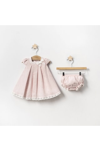 Yazlık Yakası Fistolu Külotlu Bebe Kız Elbise Pembe