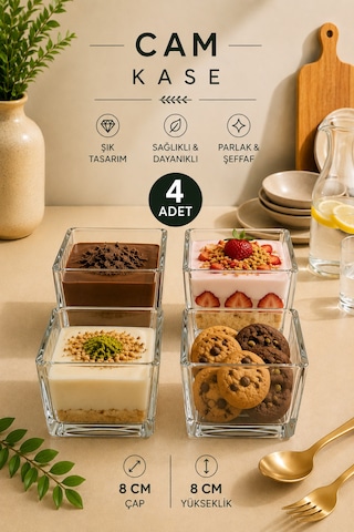 4 Adet Viana Çok Amaçlı Kare Magnolia Cup Tatlı Çerez Dondurma Kasesi 8x8 Cm Şeffaf