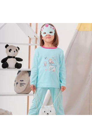 Deniz Kızı Desenli Çanta Ve Maskeli % 100 Pamuk Kız Çocuk Pijama Takımı Yeşil
