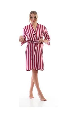 Laperissa Kadın Pembe Çizgili Saten Sabahlık Kuşaklı, Şık Ve Hafif Dokuma Ev Giyim Pembe