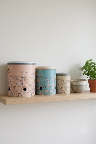 Flora Desenli Metal Patateslik Soğanlık Sarımsaklık 3'lü Set Kapaklı Metal Sebzelik Seti Çok Renkli