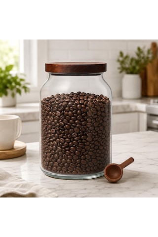 Akasya Mega Cam Kavanoz 3000 Ml, Akasya Kapaklı Büyük Saklama Kavanozu, Ahşap Kaşıklı Cam Kavanoz, Bakliyat Kahve Çok Renkli