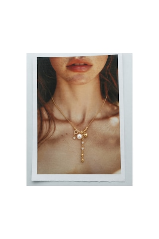 Pearl Collection Amélie İnci Ve Kalp Figürlü Sallantılı Gold Çelik Kadın Kolye Altın Altın