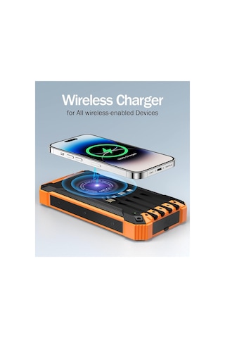 10000mah Solar Powerbank Wireless Kablosuz Şarj Özellikli Kendinden Kablolu Taşınabilir Şarj Aleti Turuncu