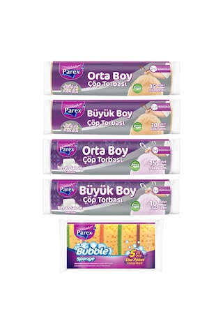 Orta Ve Büyük Boy Kokulu Büzgülü Çöp Torbası Ve 5'li Düz Bubble Sünger Paketi