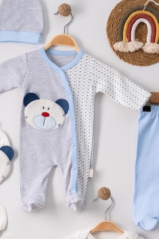 Peruflic Ayıcık Nakışlı Tulumlu % 100 Pamuk Erkek Bebek 5'li Set 0-3 Ay
