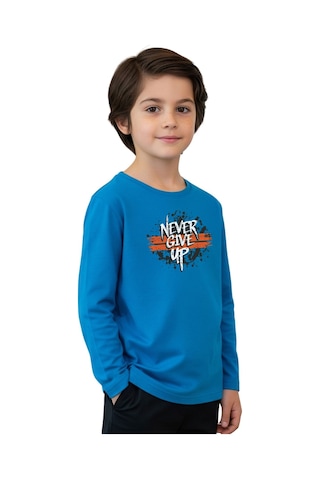 Panios Kids Düz Yuvarlak Yaka Nevver Give Baskı Detaylı Erkek Çocuk Sweatshirt Mavi
