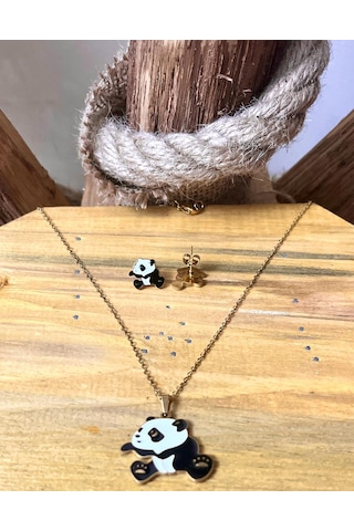 Sevimli Panda Mineli Gold Altın Renk Çelik Kız Çocuk Küpe Kolye