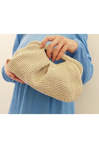 Parlak Tutmalı El Çantaları , El Yapımı Işıltılı Clutch, Örgü El Çantası Bej - Bej