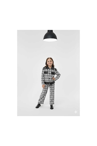 Bubiee Baby Kız Çocuk Siyah Beyaz Ekose Deri Detaylı Ceket Ve Geniş Paça Pantolon 2'li Takım