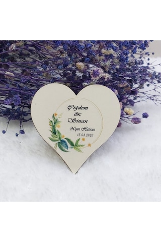 Yeşil Çiçekli Kalp Ahşap Nikah Magnet Uv Baskı Nişan Hed 30 Adet