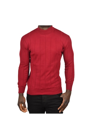 Deepsea Erkek Bordo Slim Fit Likralı Tüylenme Yapmayan Yarım Balıkçı Çizgili Triko Yarım Boğazlı Kazak 2505503 Bordo