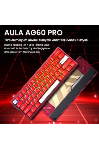 Aula Ag60 Pro Alüminyum Manyetik Klavye Hall Effect Aether Switch 8000hz Rgb Tkl Hot Swap Oyuncu Klavyesi Kırmızı