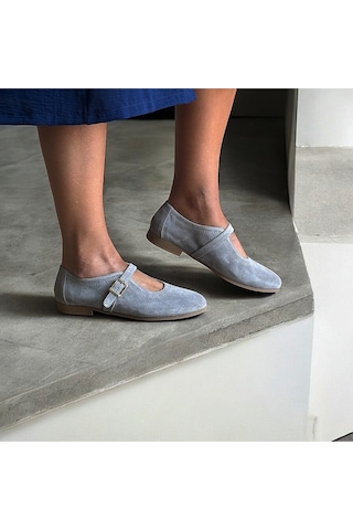 Ne&ve Shoes Gri Süet Hakiki Deri Tokalı Kadın Babet