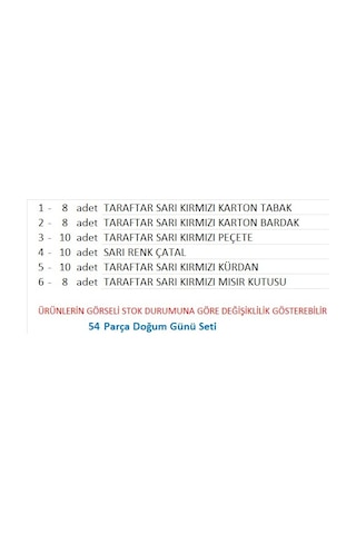 Taraftar Galatasaray 8 Tabak, 8 Bardak, 8 Mısır Kutusu, 10 Peçete, 10 Çatal, 10 Kürdan