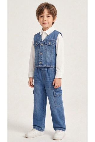 Baby Lory Kids Store Erkek Çocuk Gömlekli Yelekli 3lü Kot Takım Açık Lacivert
