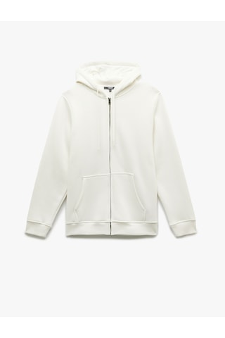 Koton Şardonlu Regular Fit Kapüşonlu Fermuarlı Uzun Kollu Kanguru Cepli Sweatshirt Ekru 7wam70004mk