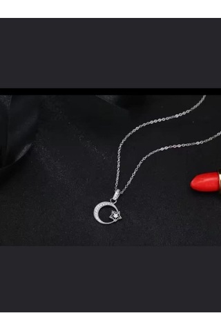 925 Ayar Gümüş Kristal Taşlı Ay Yıldız Kolye