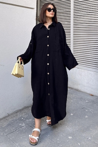 Kadın Siyah Muslin Kumaş, Yarasa Kol, Eteği Oval, Çift Cepli, Uzun Oversize Salaş Gömlek Elbise Siyah