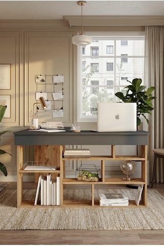 Yurudesign Tywin Kitaplık Raflı Çalışma Masası Çam-Antrasit
