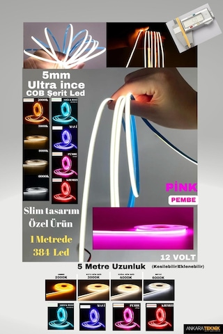 Ultra Ince 5mm. Kalınlık Cob Şerit Led Pembe Neon Gibi Yanar.