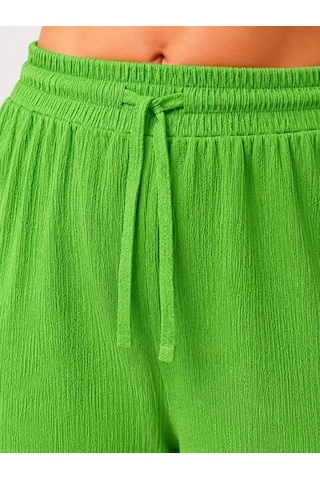 De'charme Battal Beden Bürümcük Kumaş Beli Lastikli Bağcıklı Bol Paça Palazzo Pantolon - Yeşil