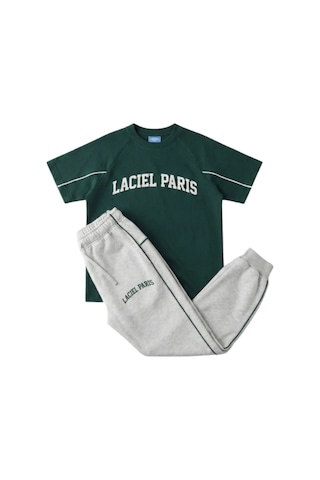 Laciel T-shirt Ve Alt Eşofman Takımı 7-14 Yaş %100 Pamuk Alt-üst Set Yeşil-gri