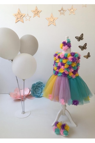 Hayy Baby Kids Wear Renkli Tüllü Çiçekli Tütü Elbise Lila Yeşil Pembe Sarı