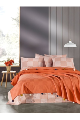 Madam Marica Kiremit Renkli Çift Kişilik Ponponlu Pike Takımı Kiremit