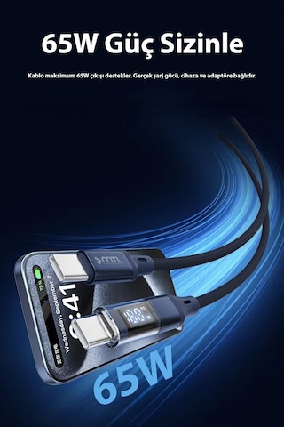 65w Pd Type-c To Type-c Dijital Watt Göstergeli Hızlı Şarj Ve Data Kablosu 1 Metre Siyah Mt2155