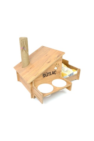 Ahşap Kedi Evi - Mama Kabı-özel Isim Baskılı-meşe Mdf- Beyaz Seramik Kase 2 400ml- Tırmalama Çubuklu