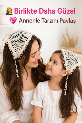 Anne Kız Kombin Bandana El Örgüsü Saç Bandı Bohem Stil Ayarlanabilir 2li Set Bej