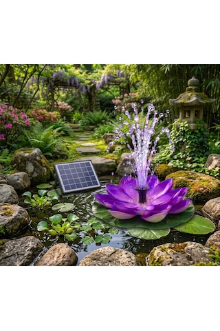 Mor Lotus Çiçekli Su Fışkırtmalı Fıskiye Güneş Enerjili Çeşitli Fıskiye Başlıklı Dekoratif Havuz Gölet Bahçe Süslü Fıskiye