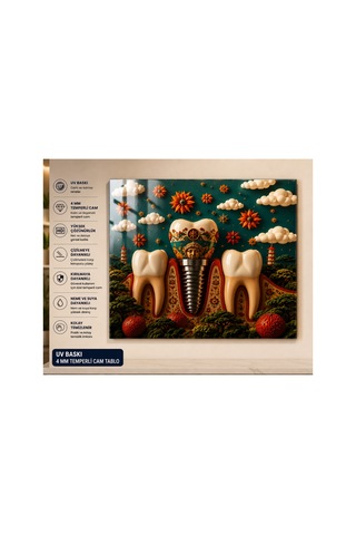 Diş Anatomisi Gökyüzü Temalı 4 Mm Temperli Cam Tablo Diş Kliniği Dekoratif Uv Baskı Dental Duvar Tablosu