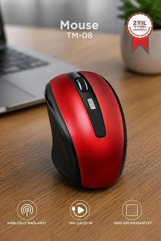 Premium Taşınabilir Aksesuar Ofis Mouse Optik Kablosuz Fare Tm08 Kırmızı