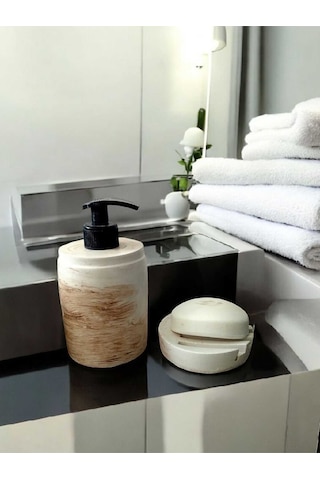 Marble Bej Banyo Seti,sıvı Sabunluk Diş Fırçalığı Beton Aksesuar Takımı Bej