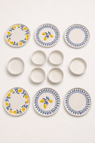 Mavi Limon 12 Parça 6 Kişilik Handmade Stackable Seramik Tabak Seti Premium Sunum & Kahvaltı Takımı Beyaz